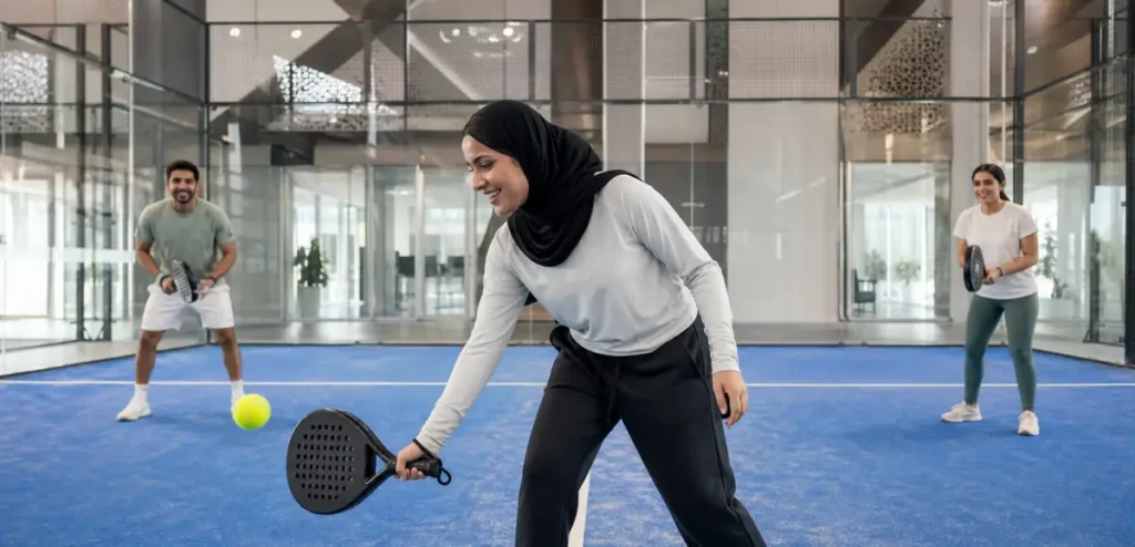 Friends playing indoor padel during Dubai Active Summer 2026