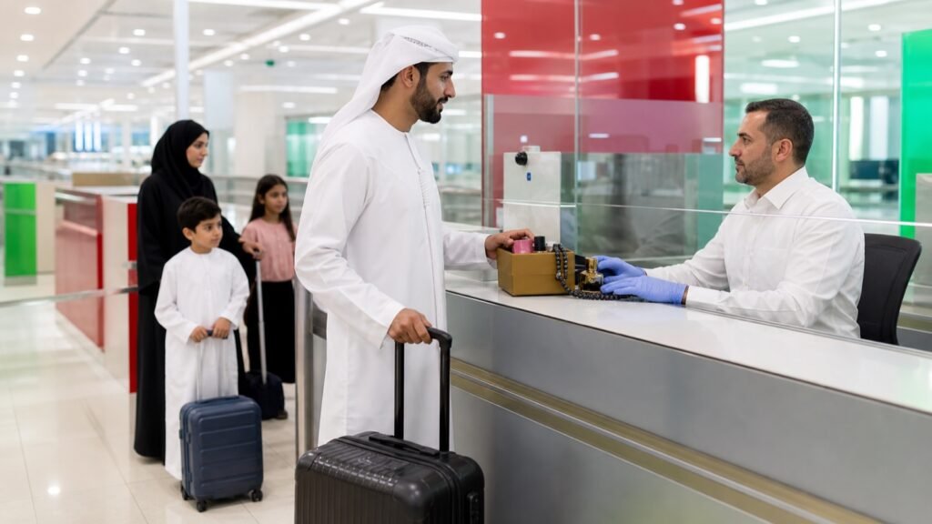 A traveller speaking with a customs officer beside family luggage at an airport