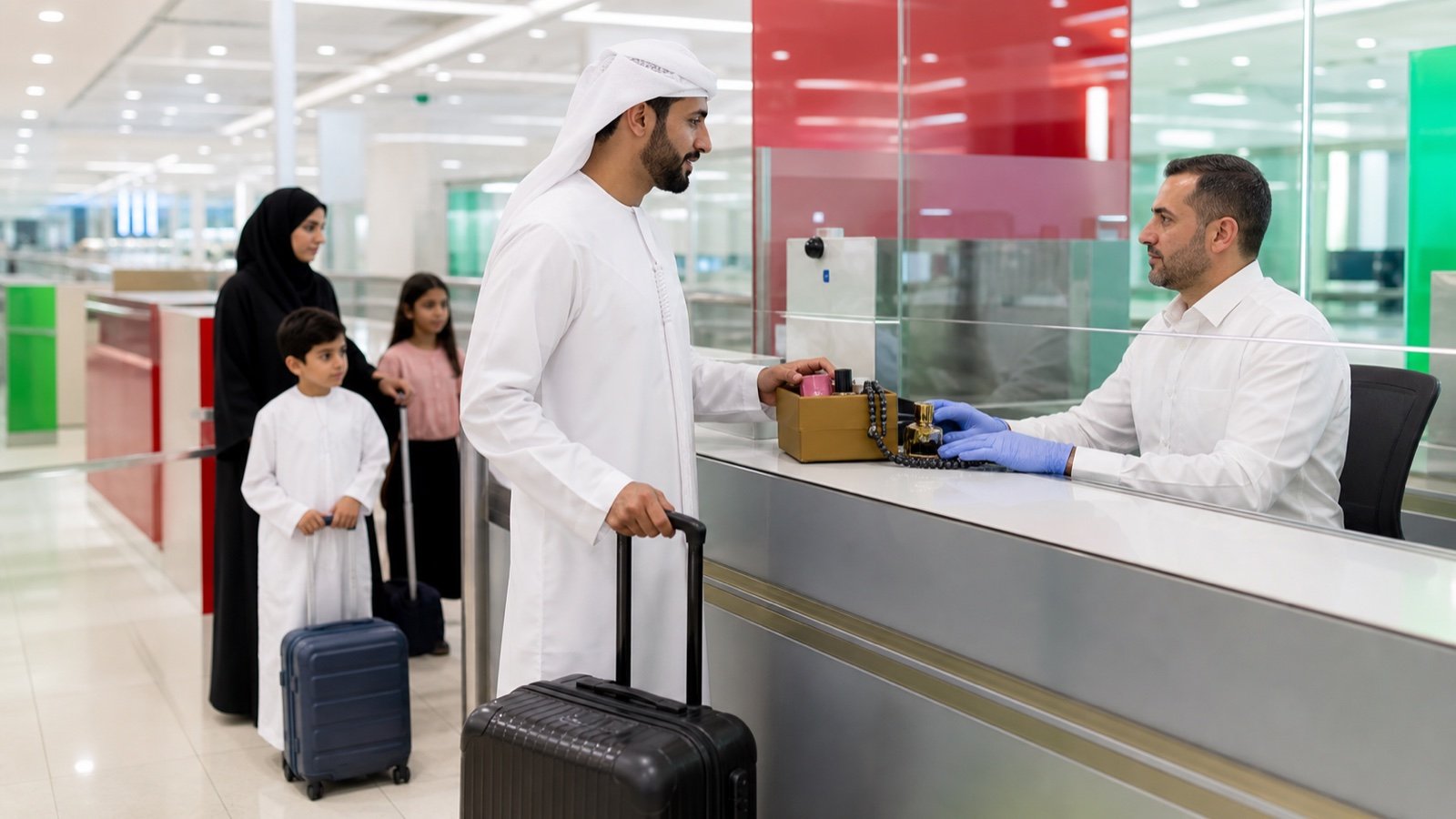 A traveller speaking with a customs officer beside family luggage at an airport