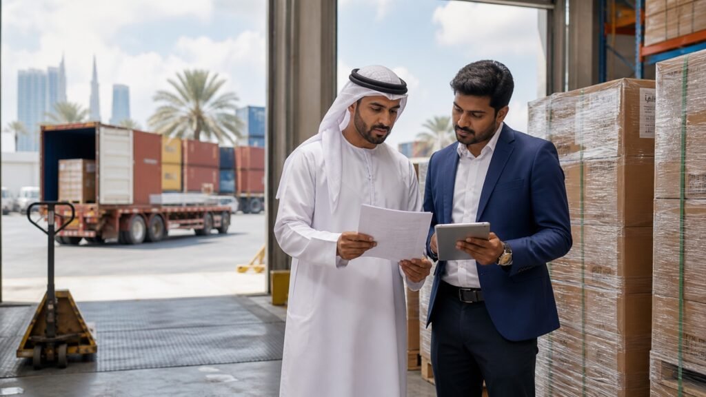 A UAE logistics manager and colleague reviewing cargo records in a Dubai warehouse