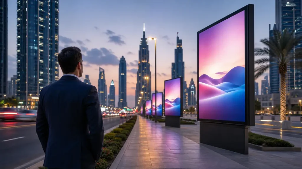 Digital outdoor advertising screens on a Dubai boulevard at dusk