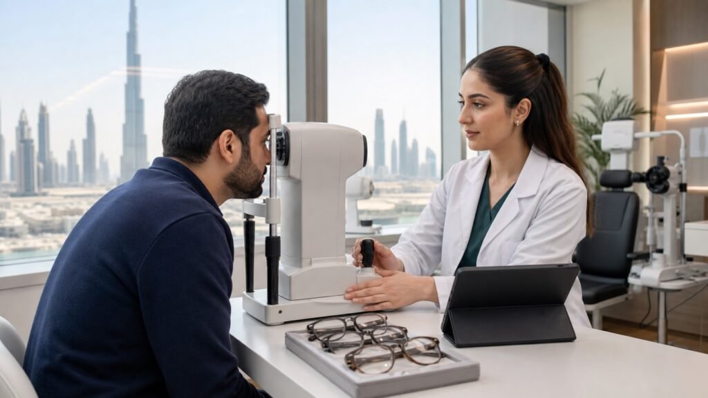 A resident completing a vision test with an optometrist in a modern Dubai clinic
