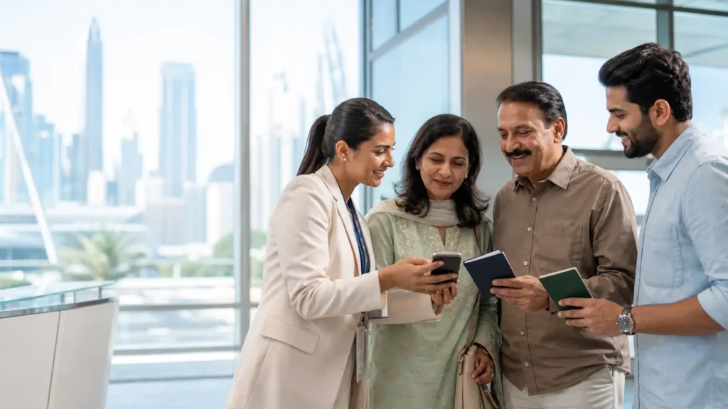Dubai resident helping family visitors review passports and a visa application on a phone