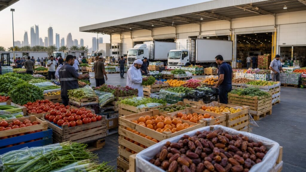 Fresh produce and delivery vehicles at a busy wholesale food market in Dubai