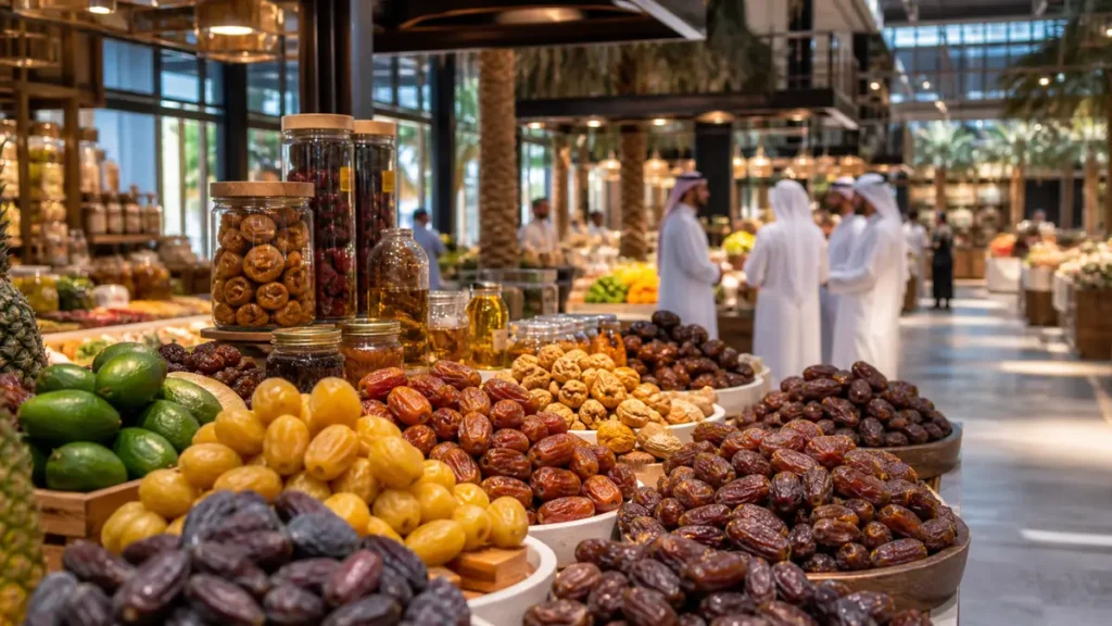 Fresh produce and gourmet ingredients at a Dubai food market