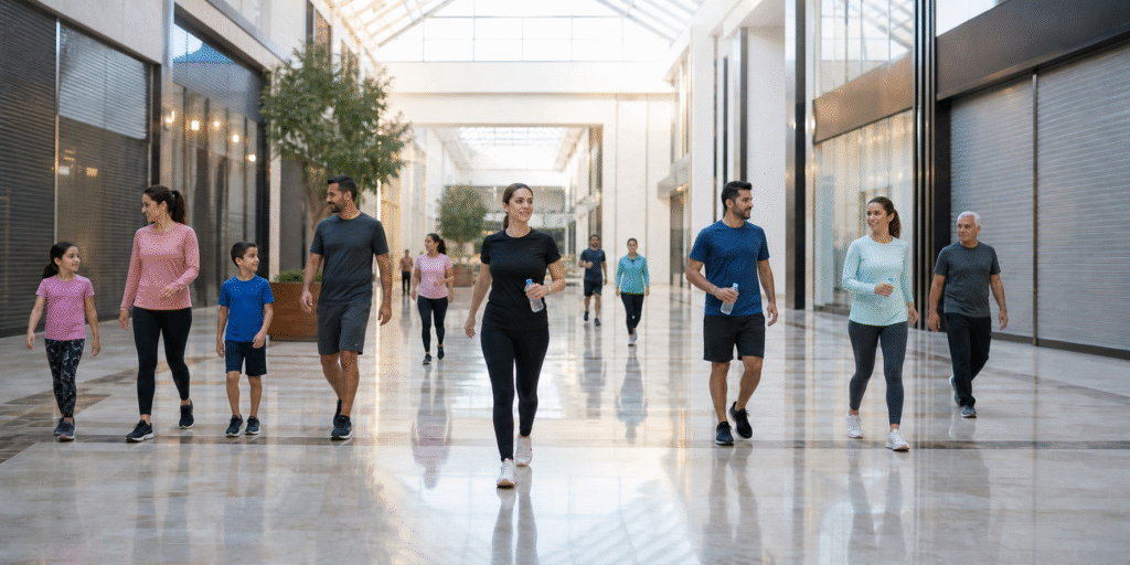 Dubai residents walking and jogging through a shopping mall before stores open