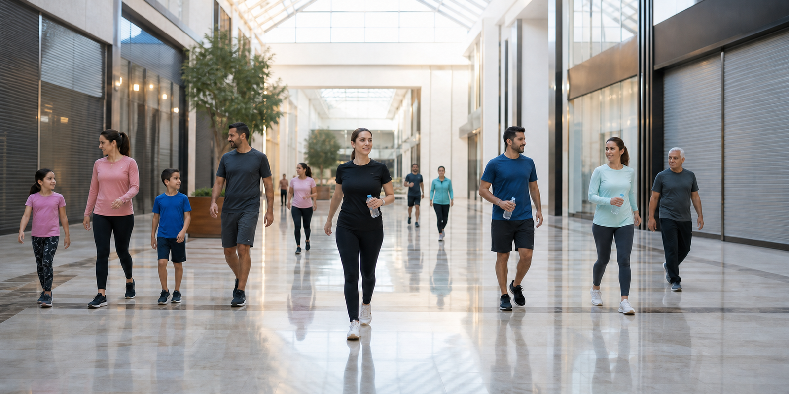 Dubai residents walking and jogging through a shopping mall before stores open