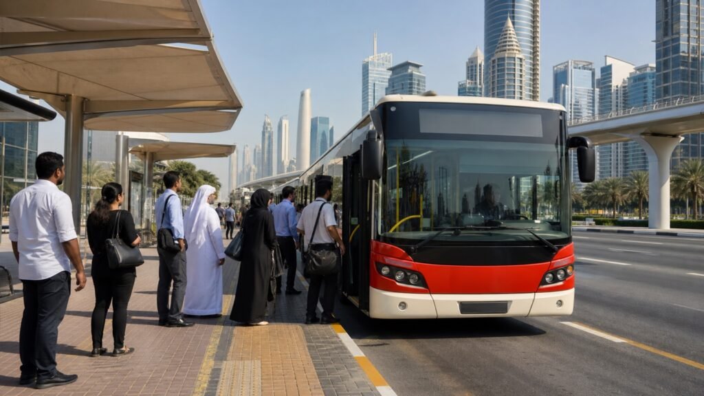 Commuters boarding a modern city bus at a shaded stop in Dubai