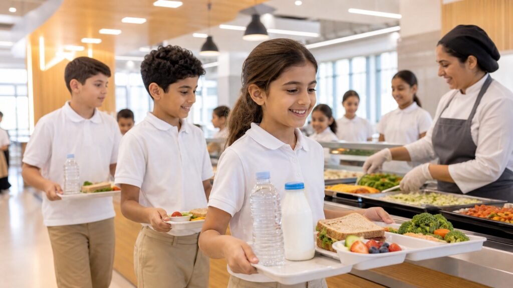 Children choosing balanced lunches with fruit and vegetables in a Dubai school canteen