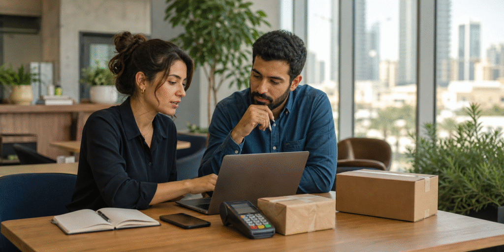 Two small business founders reviewing services beside a laptop, payment terminal and parcels in Dubai