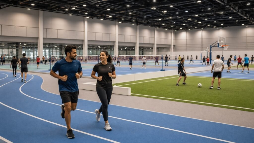Runners and players using courts inside a large indoor sports hall in Dubai