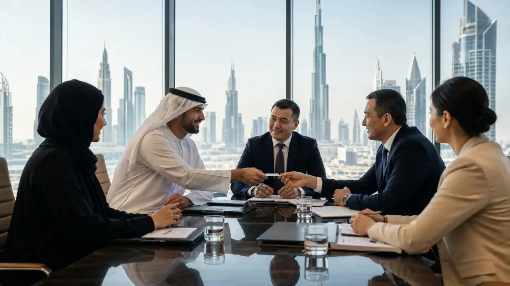 Business professionals meeting in Dubai to discuss UAE Uzbekistan trade