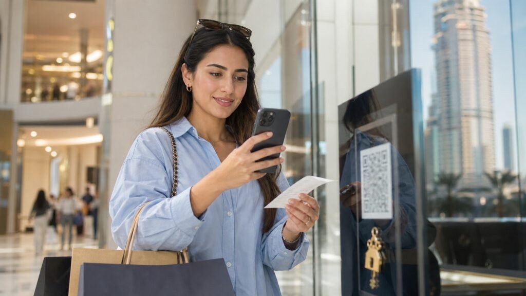 A shopper scanning a campaign code with a receipt inside a modern Dubai mall