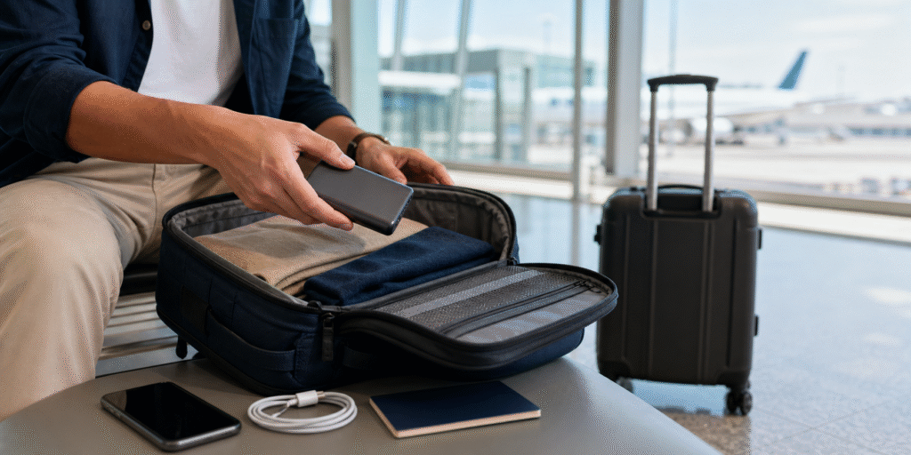 A traveller placing one power bank into an open cabin bag at an airport