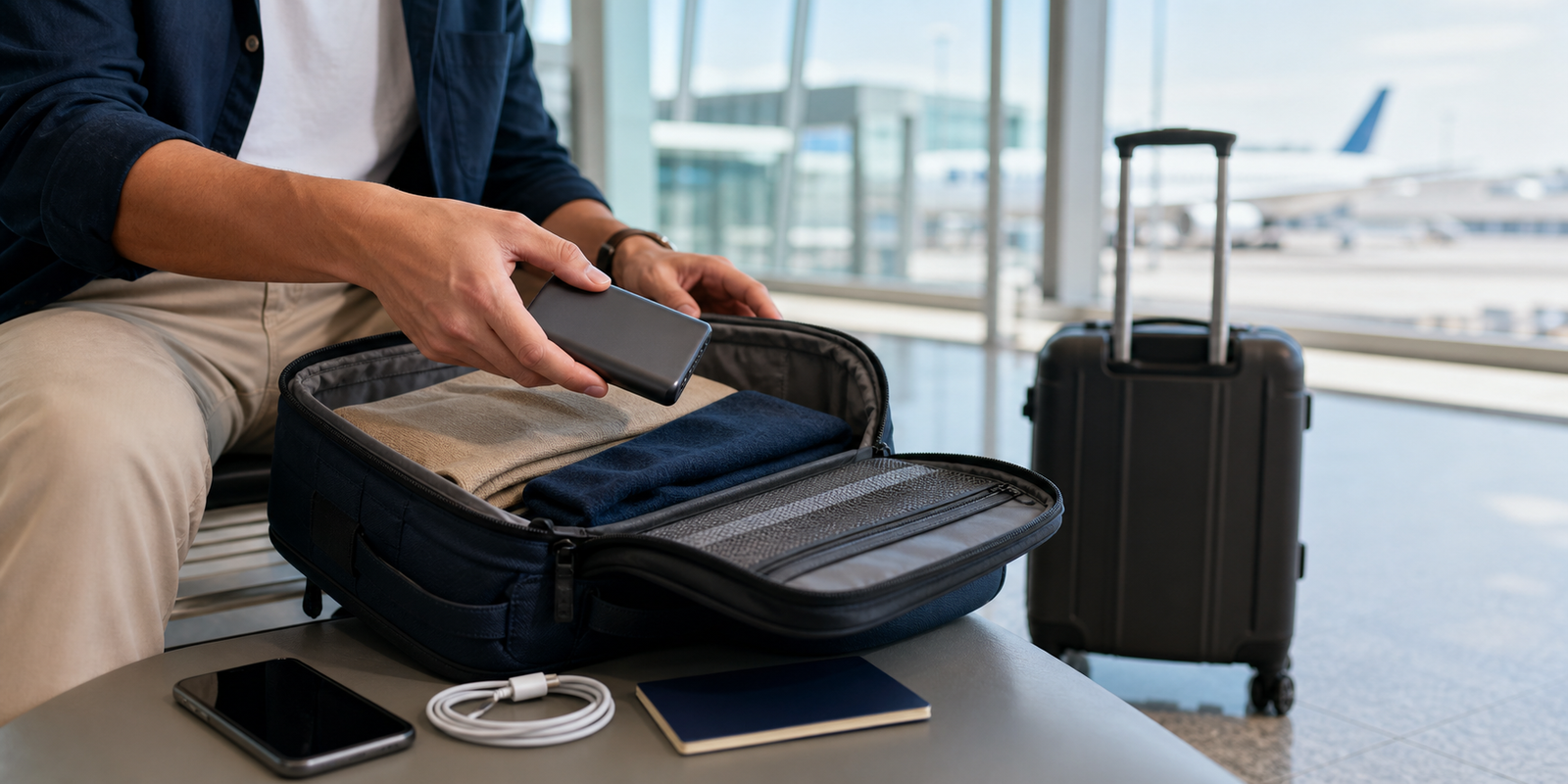 A traveller placing one power bank into an open cabin bag at an airport