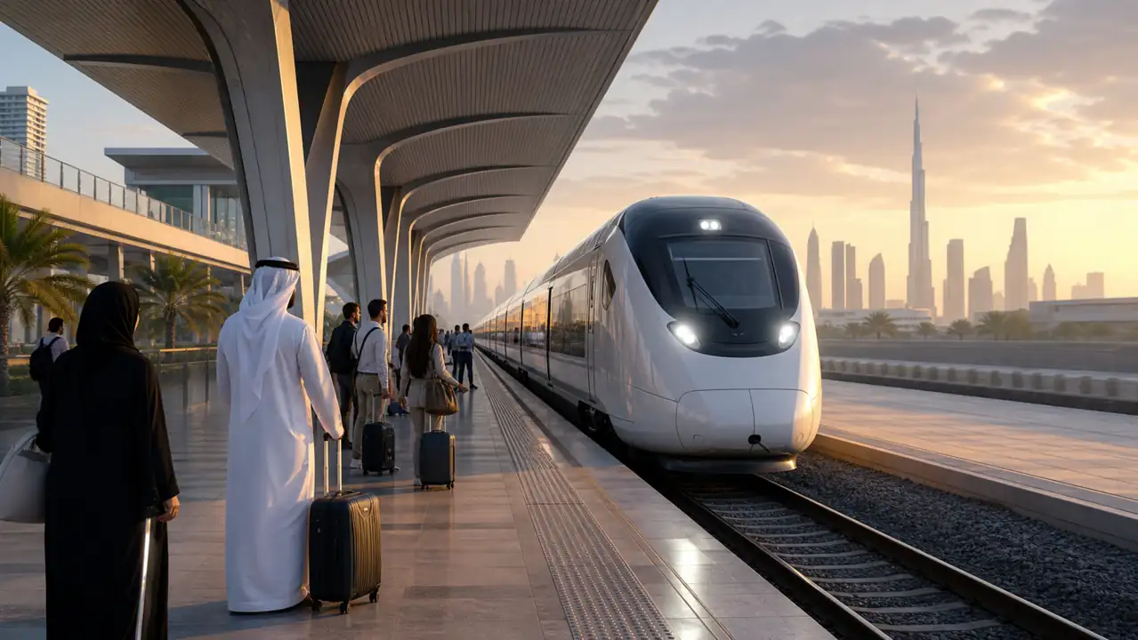 Modern passenger train arriving at a Dubai station for Etihad Rail travel guide