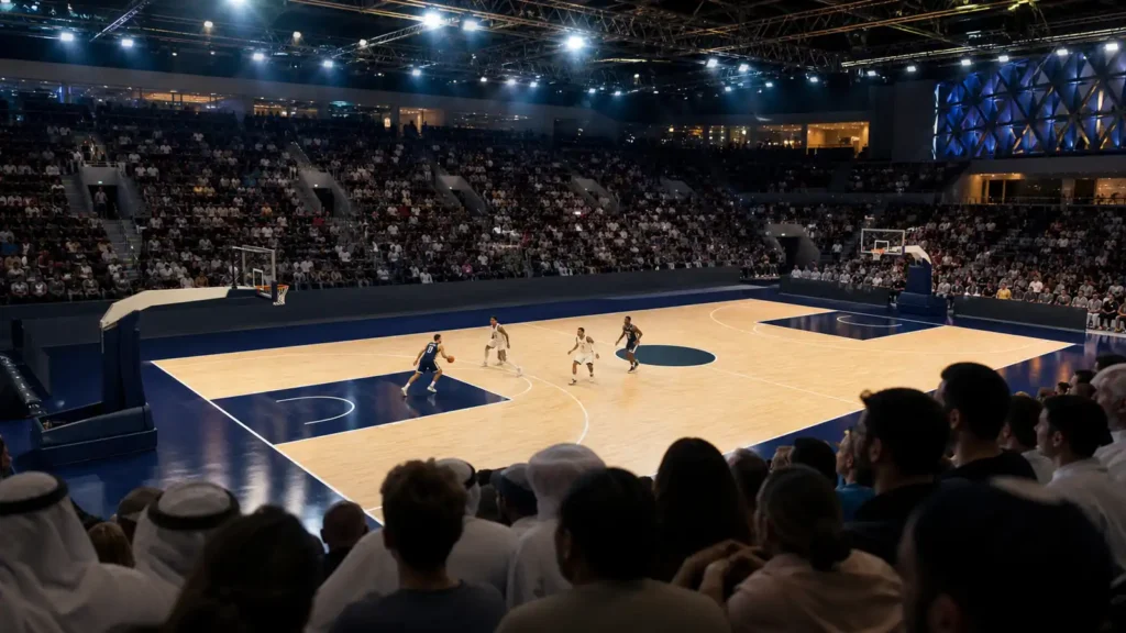 Basketball game atmosphere at a modern Abu Dhabi arena for the EuroLeague Basketball SuperCup
