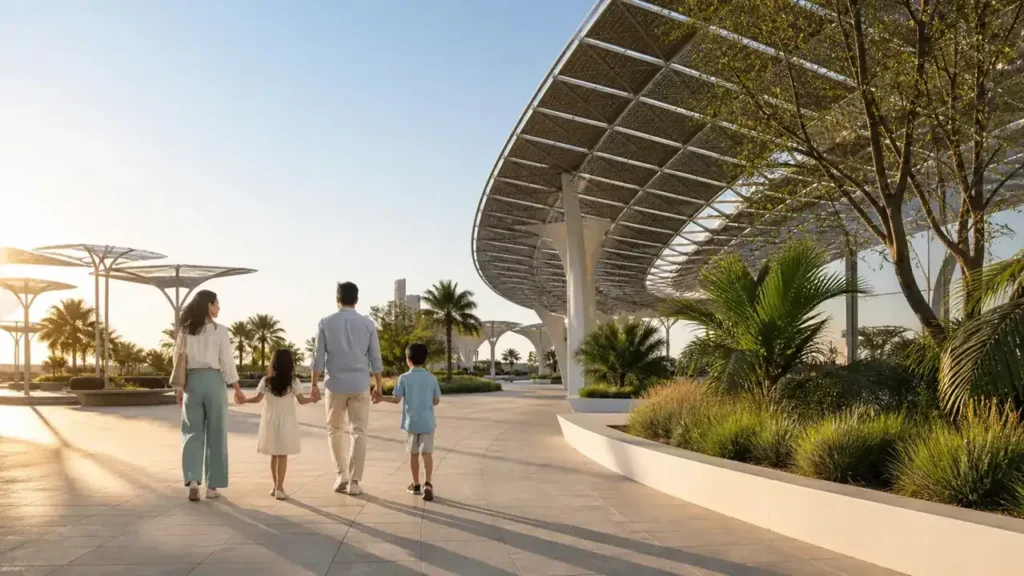 Family walking through a modern sustainable pavilion for an Expo City Dubai guide