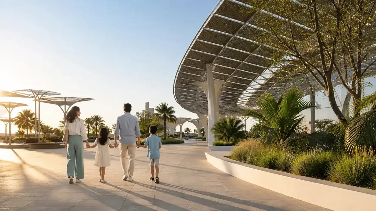 Family walking through a modern sustainable pavilion for an Expo City Dubai guide