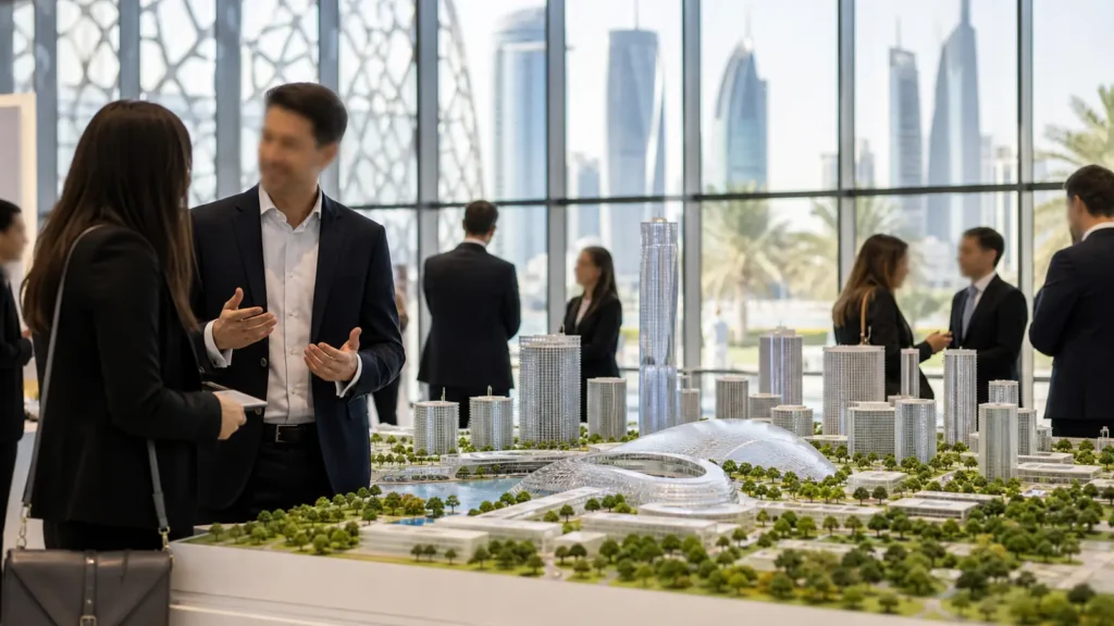 Professionals discussing a sustainable city model at an Abu Dhabi business forum