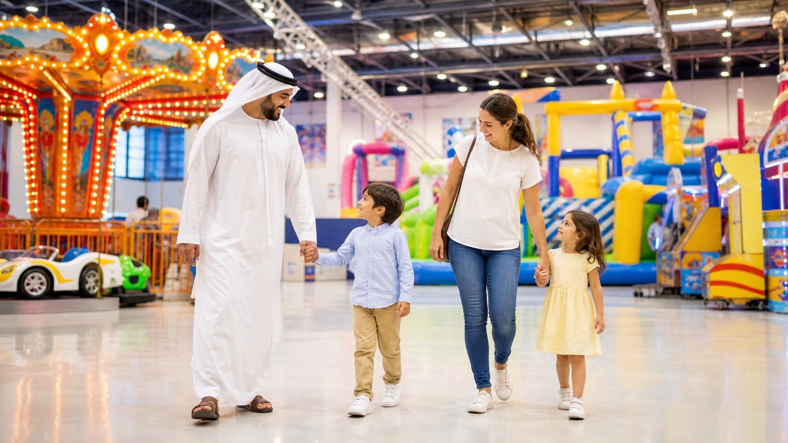 A family walking through a colourful indoor summer amusement hall in Dubai