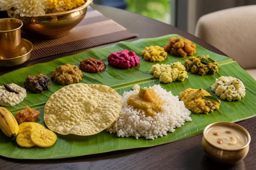 Traditional Kerala Onam sadhya on a banana leaf in Dubai