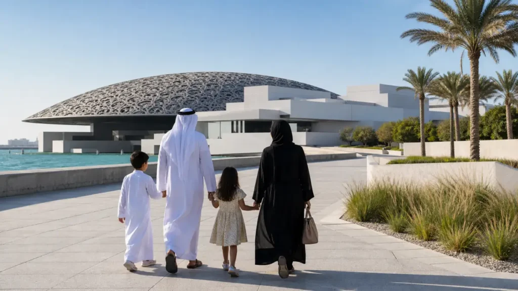 Visitors walking through Abu Dhabi cultural district museum area