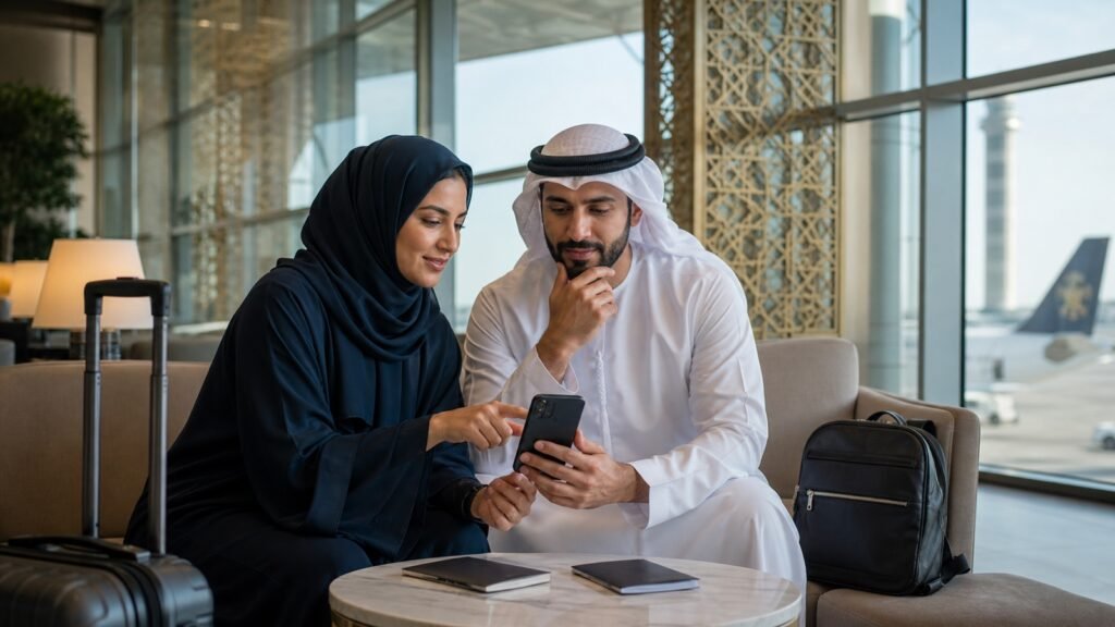 A Muslim couple planning an Umrah journey together in an airport lounge