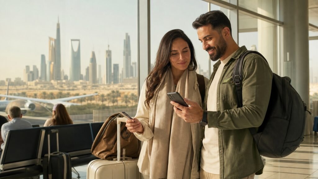 Travellers reviewing a holiday booking on a phone inside a Saudi airport