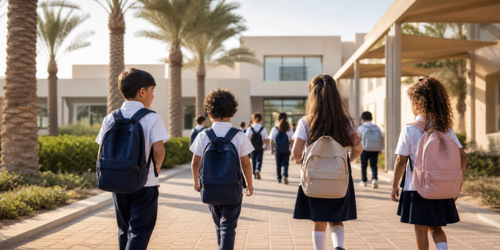 UAE schoolchildren walking toward a modern school on a back-to-school morning