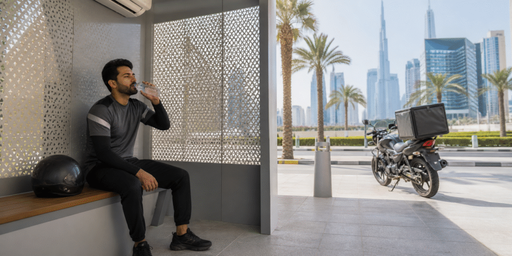 A UAE delivery rider drinking water inside a cooled summer rest station beside a parked motorcycle
