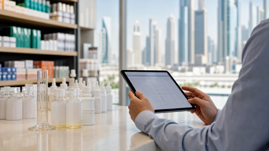 Retail manager reviewing product inventory for UAE excise-tax compliance