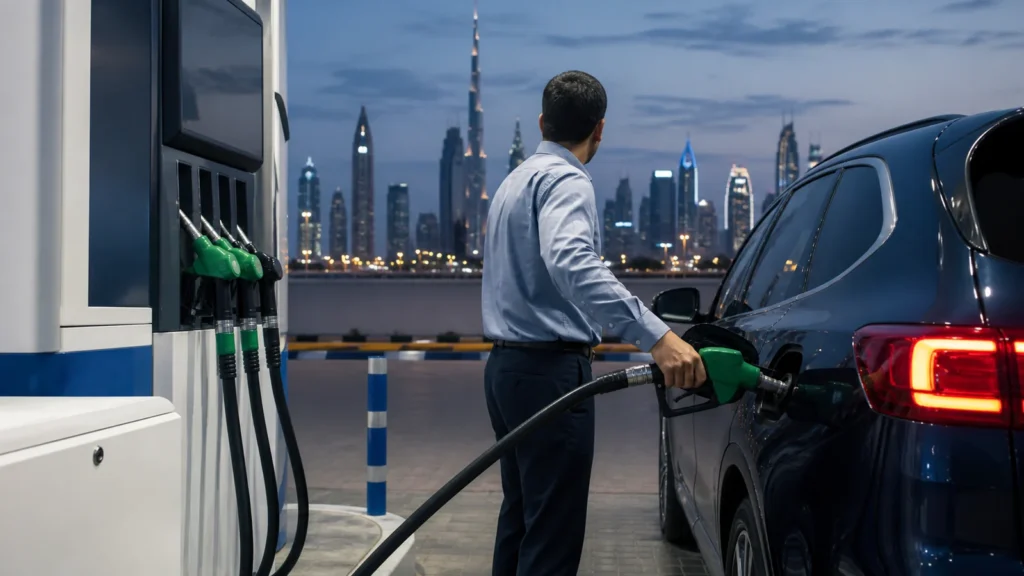 Modern UAE petrol station at dusk for September 2026 petrol and diesel prices