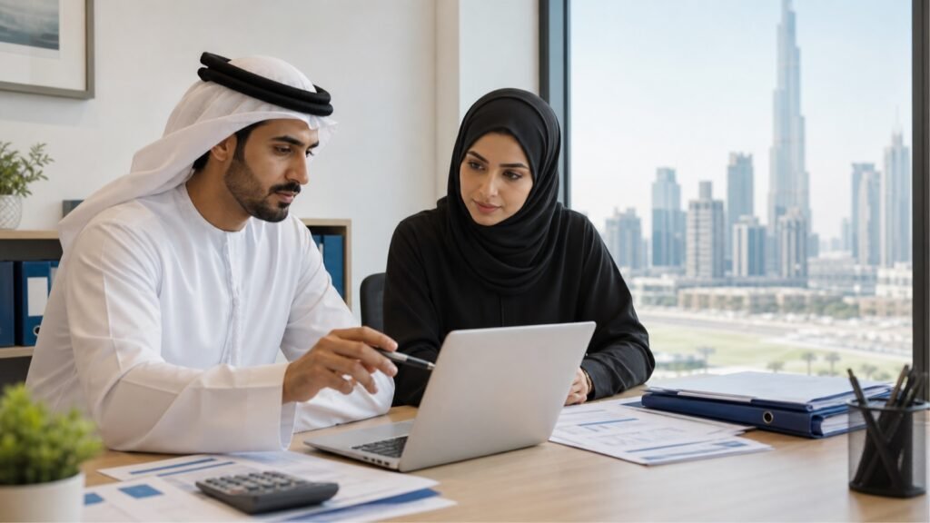 A UAE small business owner and accountant reviewing financial records in an office