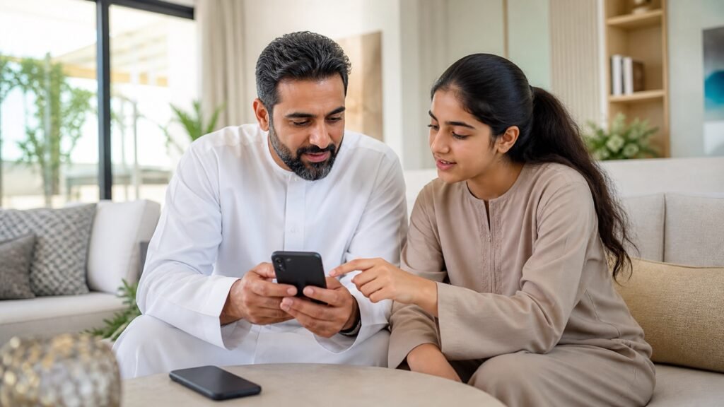 A parent and teenage child reviewing smartphone privacy settings together at home