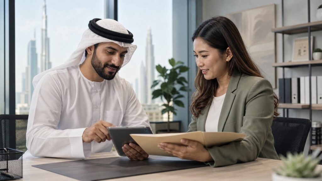 A UAE manager and employee reviewing insurance information together in an office