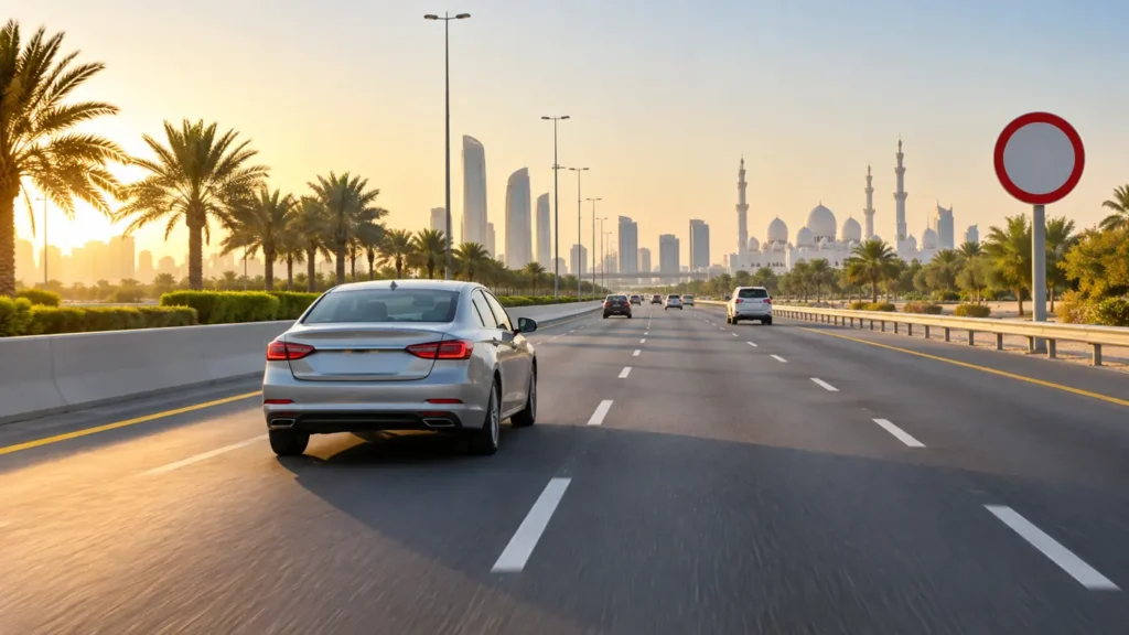 Car driving safely on an Abu Dhabi motorway near a speed-limit sign