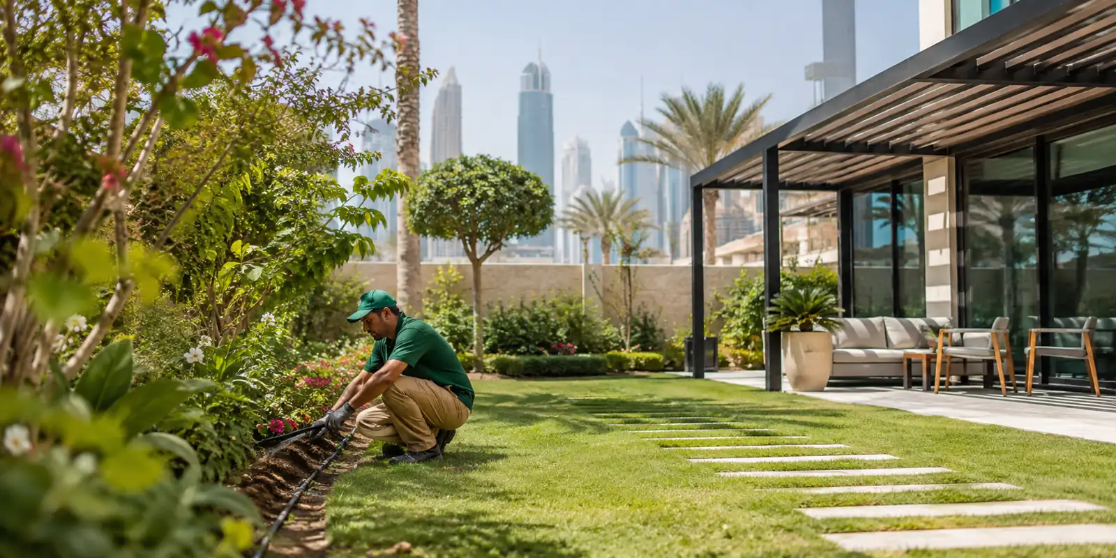 Gardener maintaining drip irrigation in a Dubai villa garden