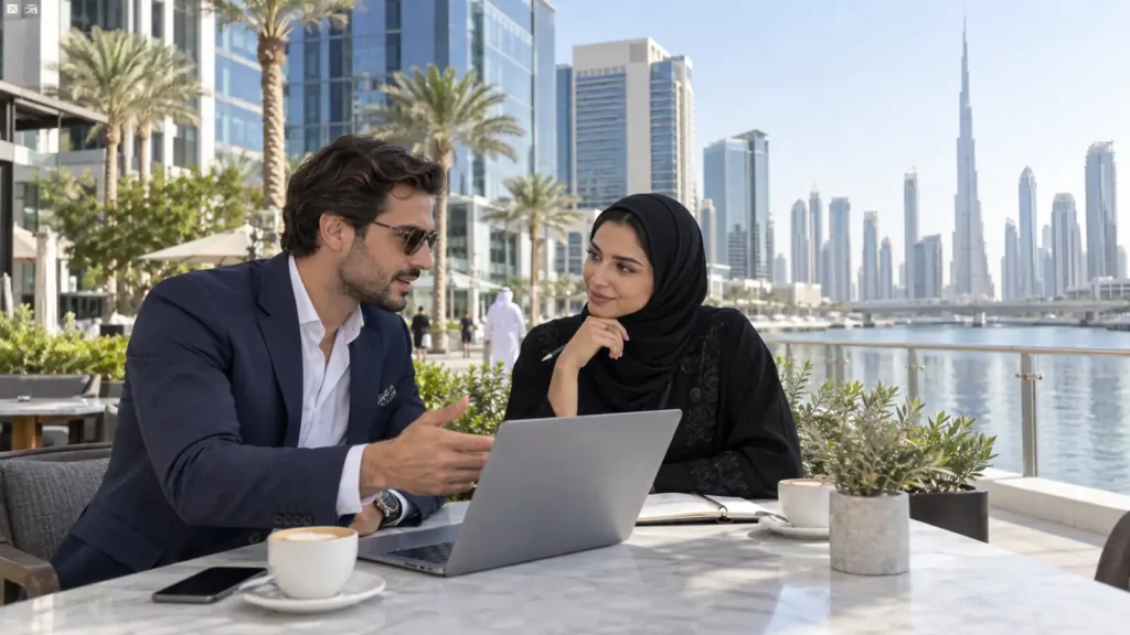 Founders meeting in a Dubai business district