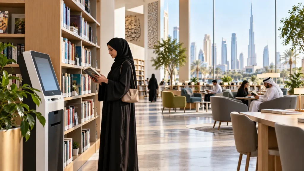 Visitor browsing books at a Dubai public library
