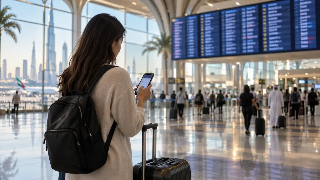 Traveller checking a flight update at Dubai airport