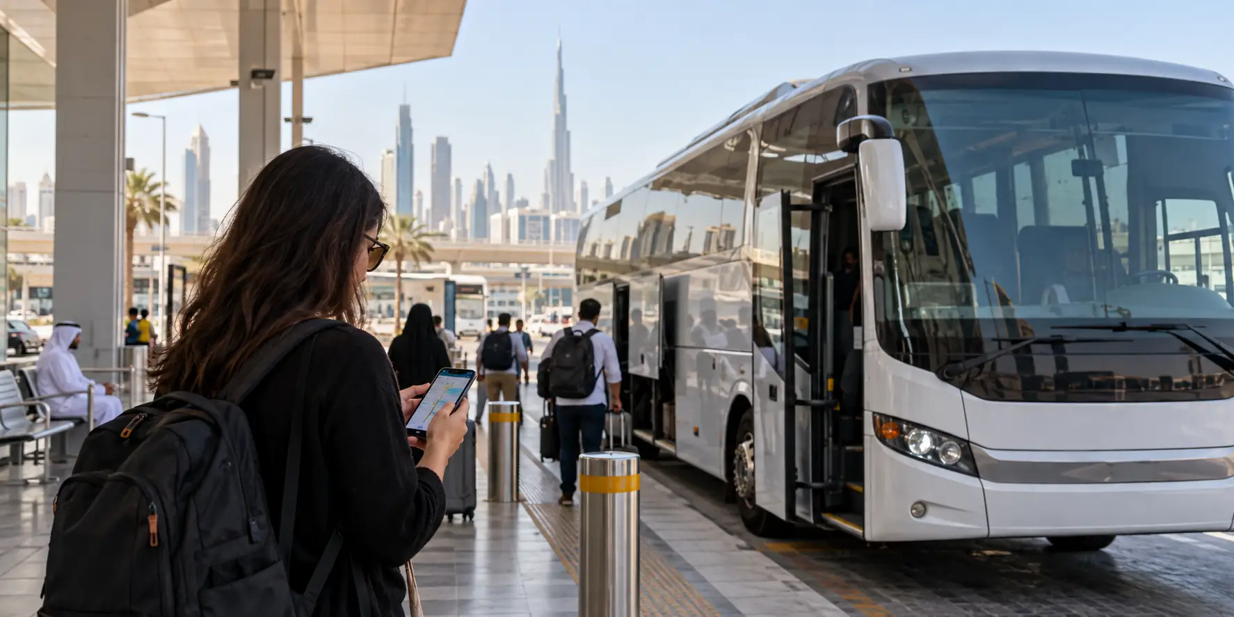 Traveller checking a journey planner beside an intercity coach in Dubai