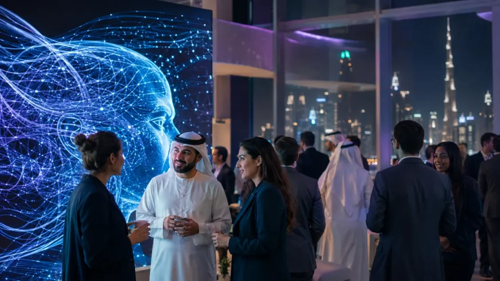 Startup founders networking at an artificial intelligence business event in Dubai