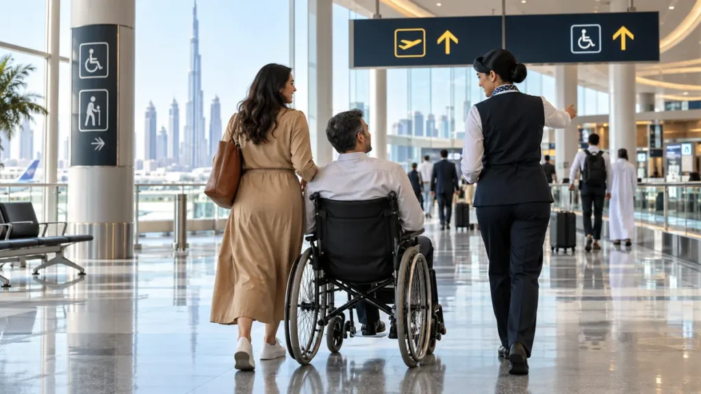 Traveller using a wheelchair receiving assistance inside a modern Dubai airport terminal