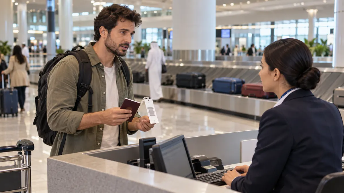 Traveller reporting delayed baggage at a service desk in Dubai airport