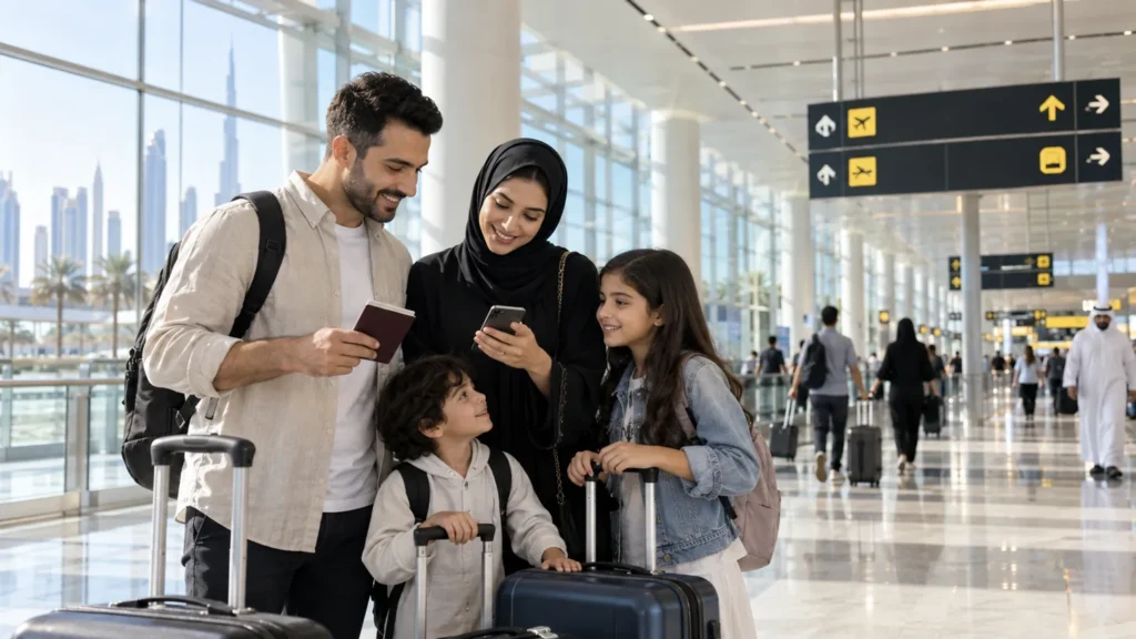 Family checking travel documents and luggage in a modern Dubai airport