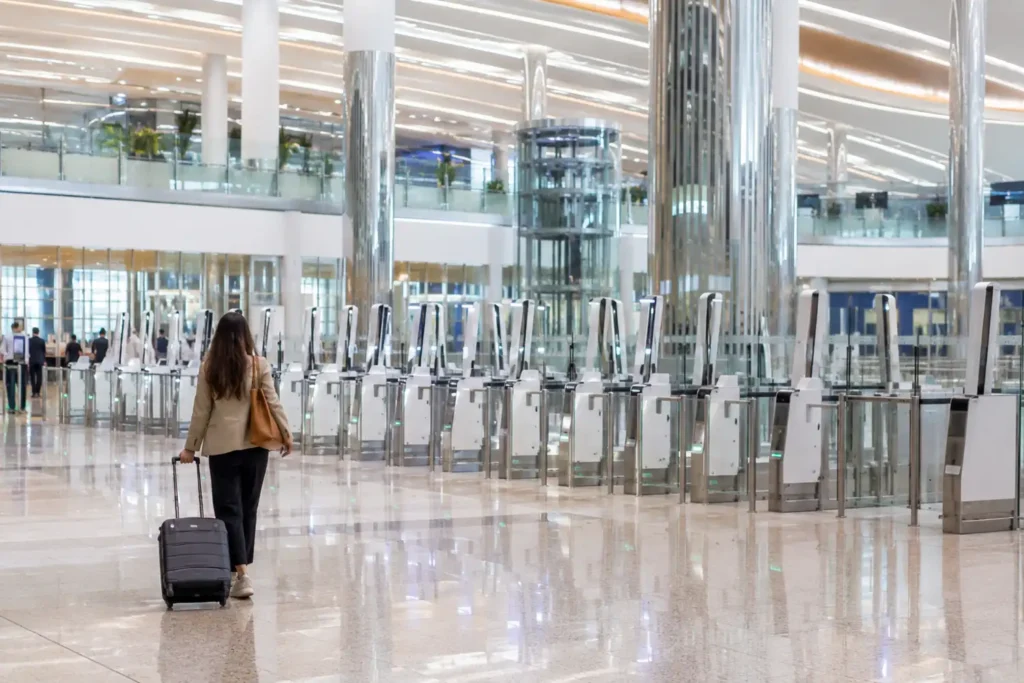 Traveller using an automated airport gate in Dubai
