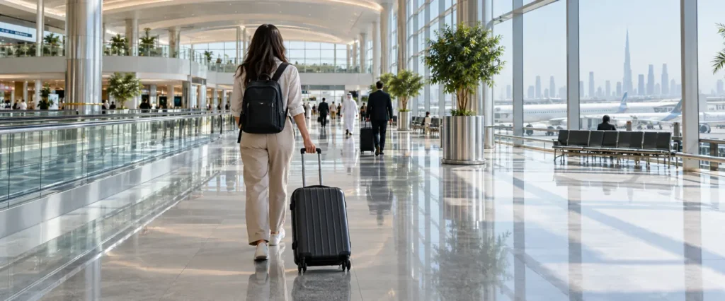 Traveller walking through a modern Dubai airport terminal
