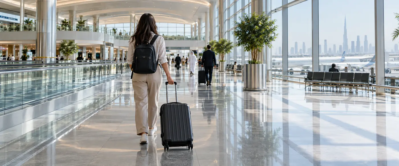 Traveller walking through a modern Dubai airport terminal