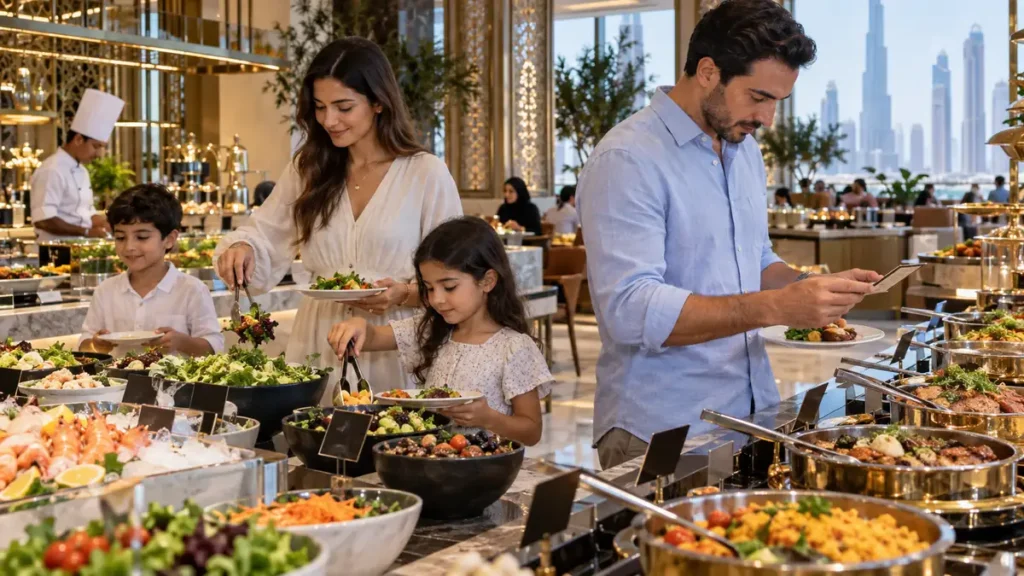 Family selecting food carefully at a clean buffet in Dubai